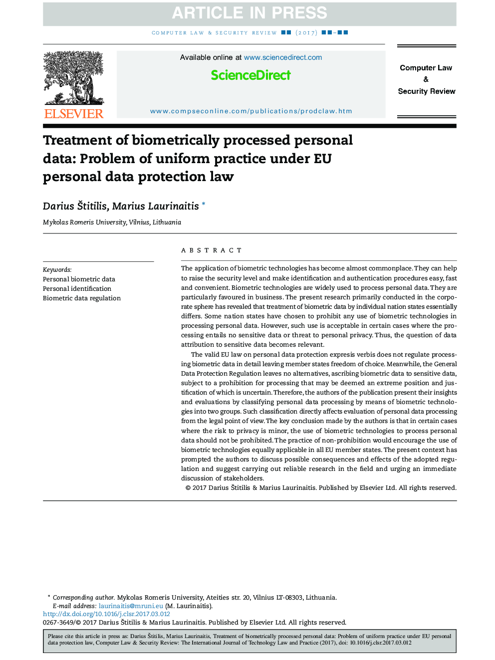 درمان اطلاعات شخصی پردازش بیومتریک: مشکل اجرای یکپارچه در قانون حفاظت از اطلاعات شخصی اتحادیه اروپا 