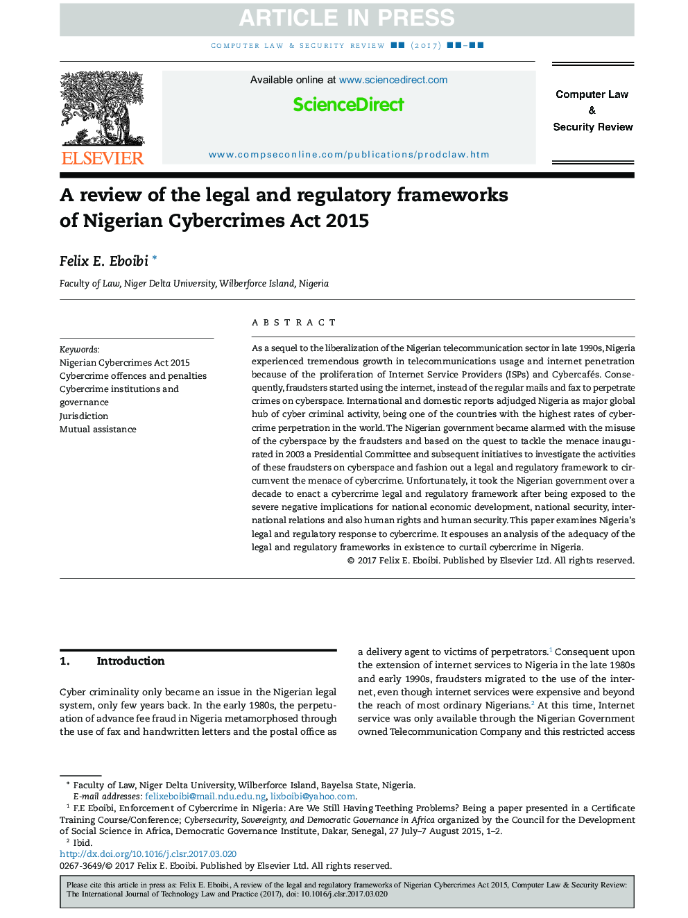 بررسی چارچوب قانونی و نظارتی قانون مجازات جرایم سایبری نیجریه در سال 2015 