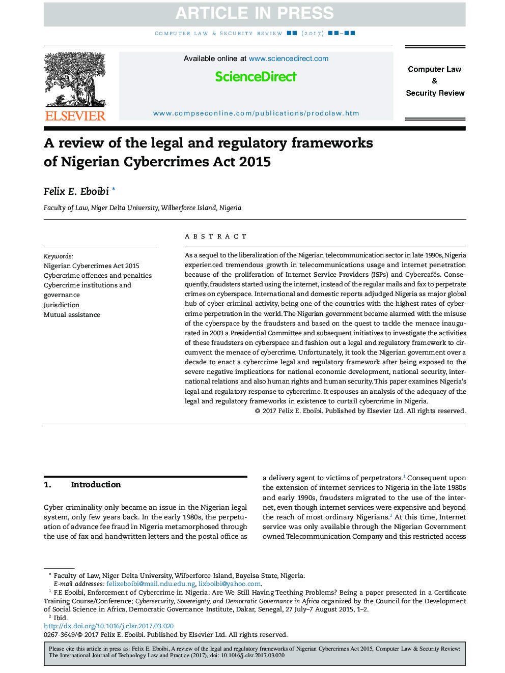 A review of the legal and regulatory frameworks of Nigerian Cybercrimes Act 2015