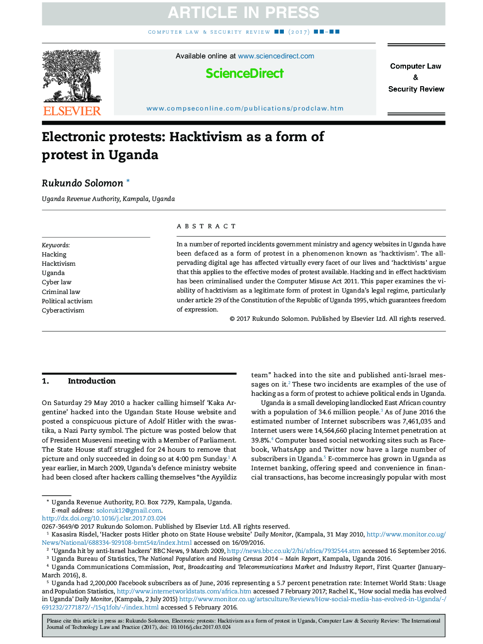 Electronic protests: Hacktivism as a form of protest in Uganda