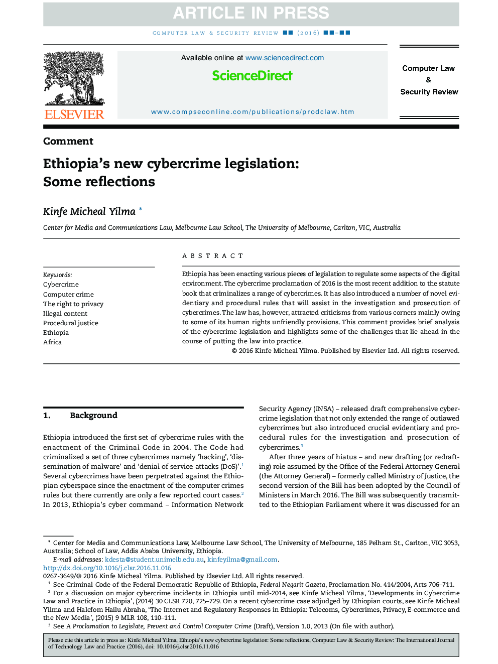 Ethiopia's new cybercrime legislation: Some reflections