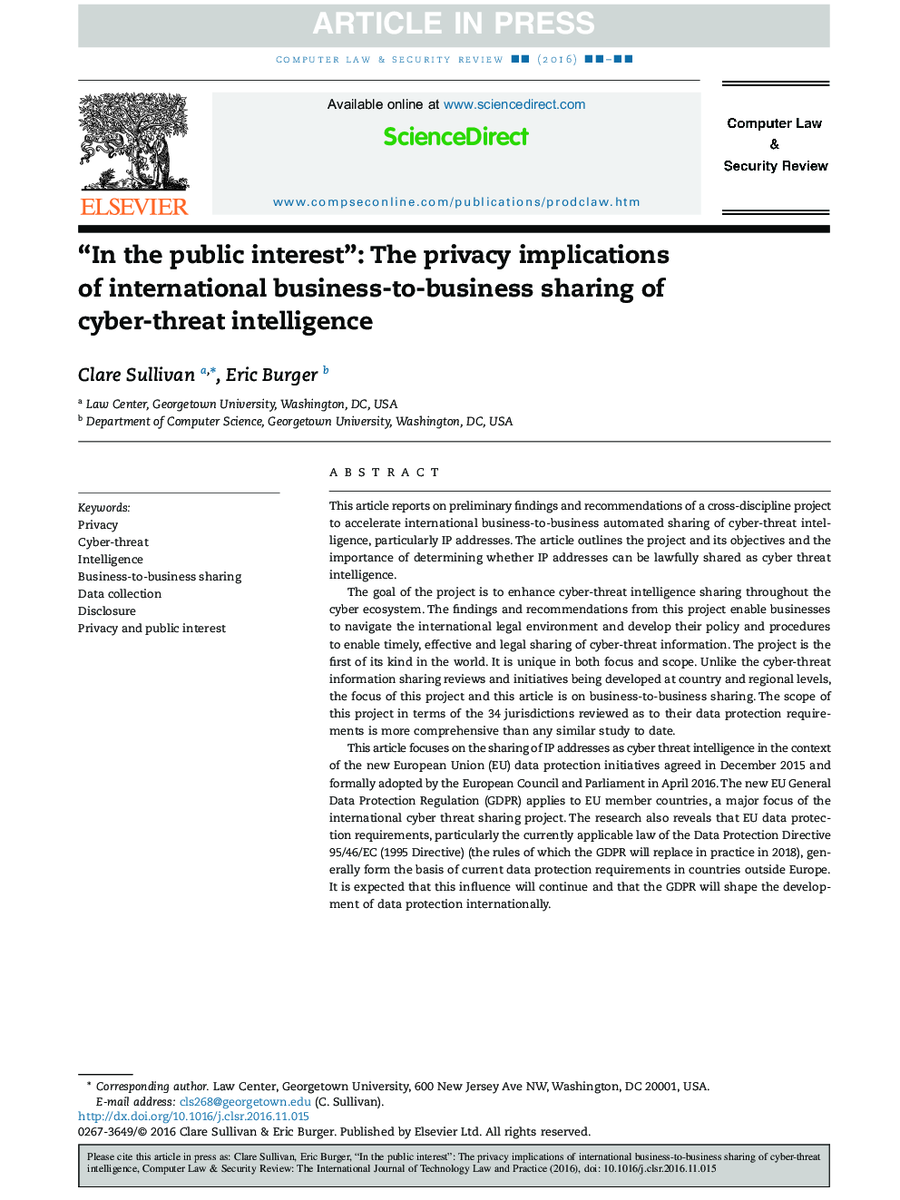 “In the public interest”: The privacy implications of international business-to-business sharing of cyber-threat intelligence