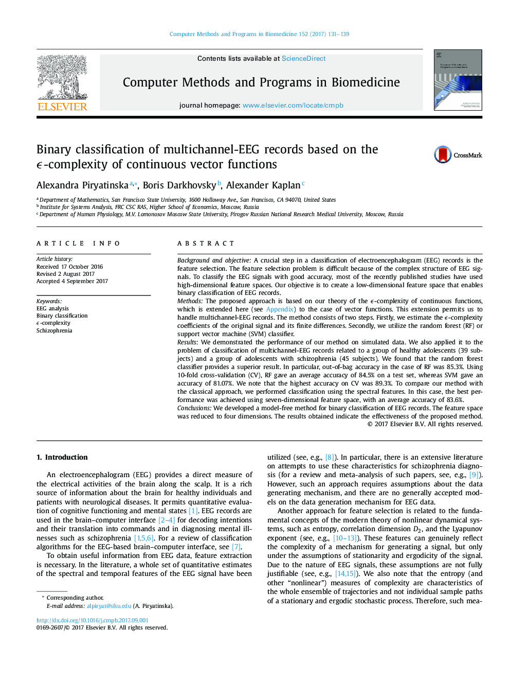 Binary classification of multichannel-EEG records based on the Ïµ-complexity of continuous vector functions