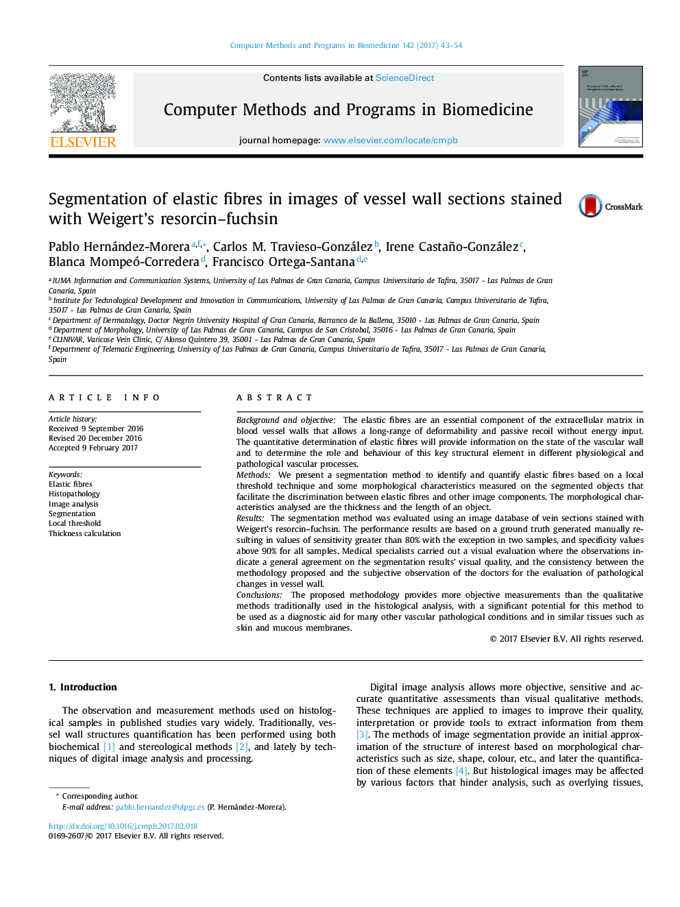 Segmentation of elastic fibres in images of vessel wall sections stained with Weigert's resorcin-fuchsin