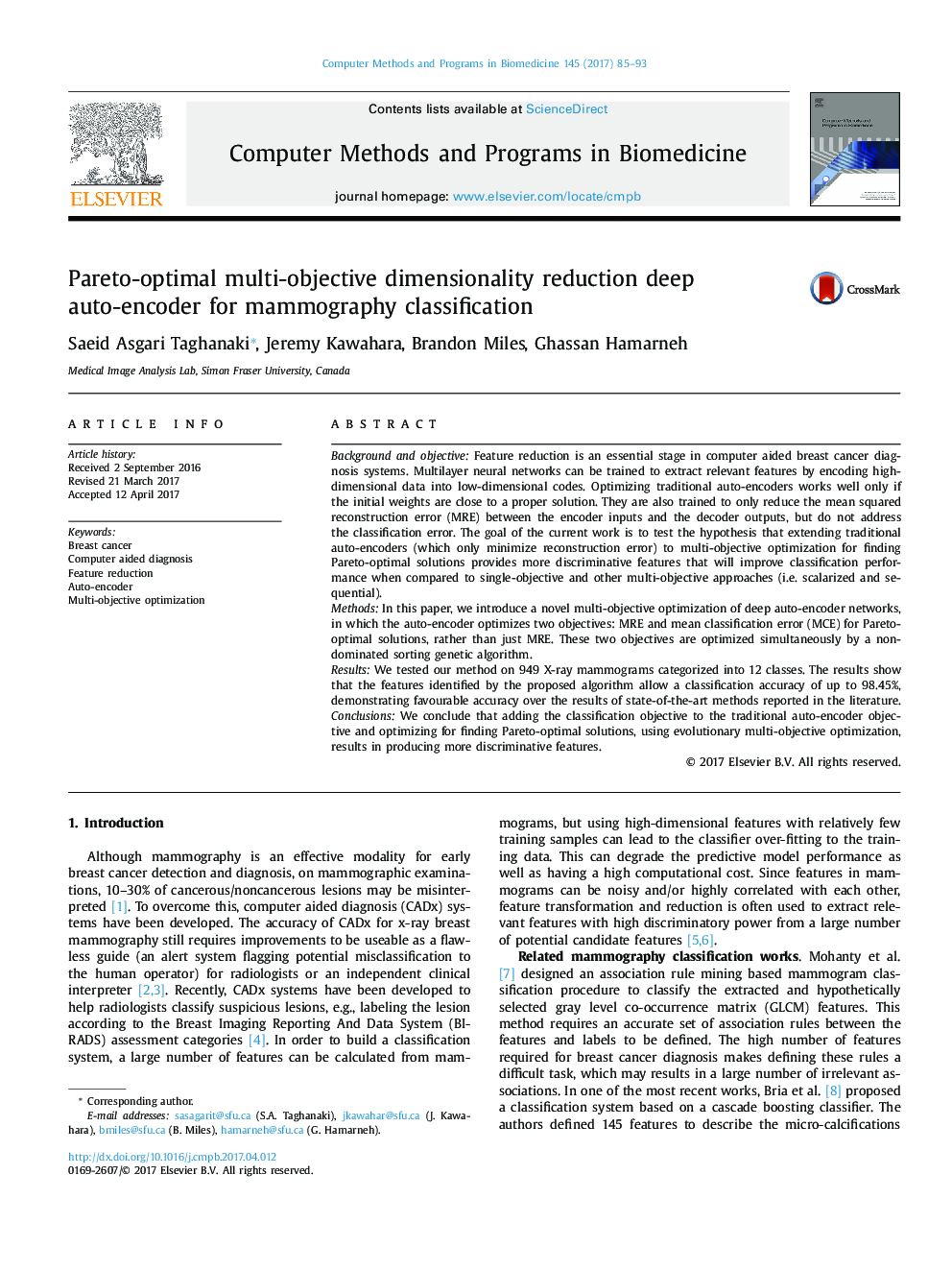 Pareto-optimal multi-objective dimensionality reduction deep auto-encoder for mammography classification