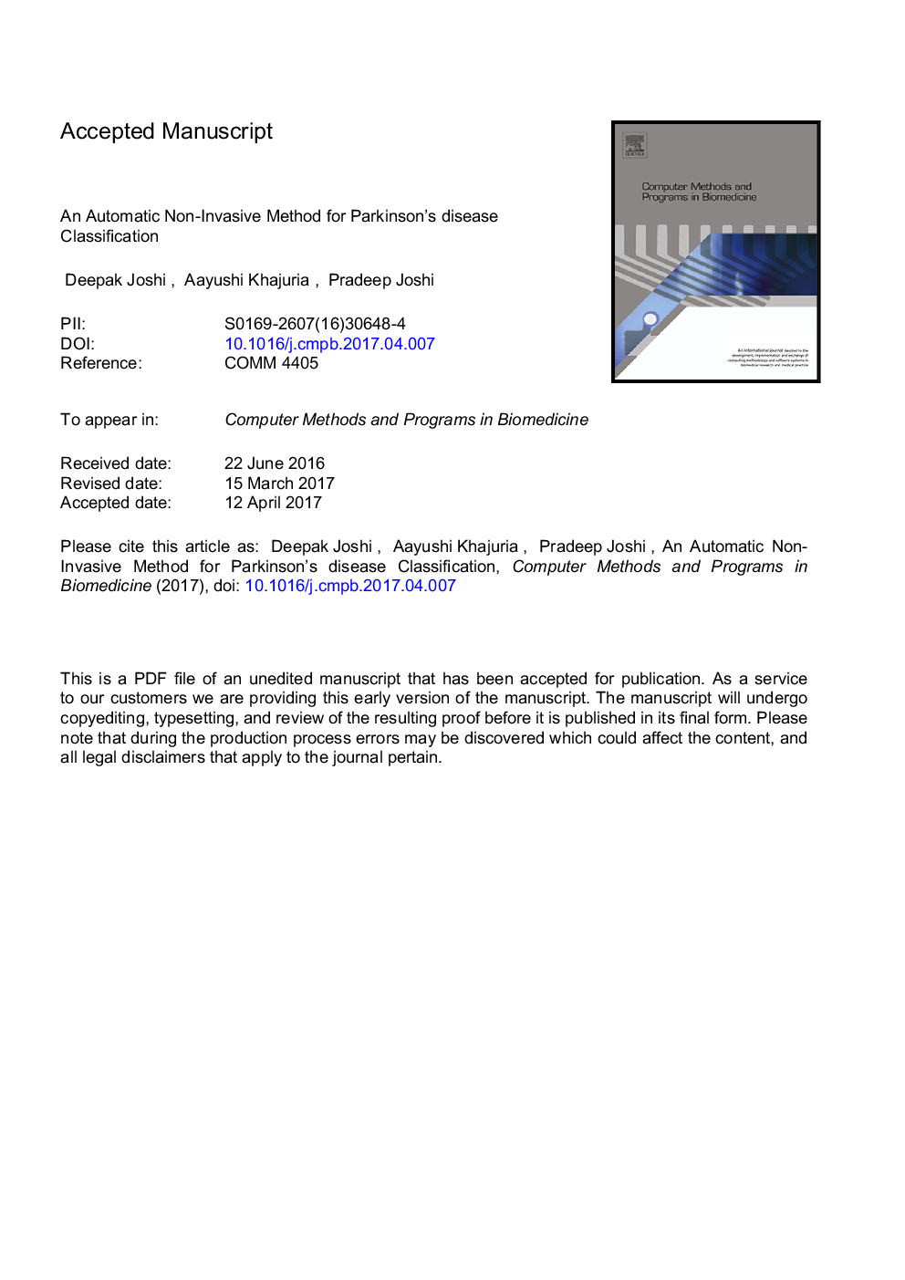 An automatic non-invasive method for Parkinson's disease classification