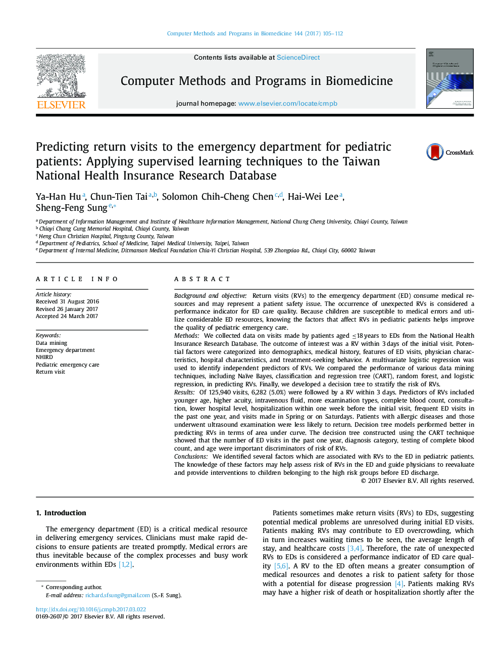 Predicting return visits to the emergency department for pediatric patients: Applying supervised learning techniques to the Taiwan National Health Insurance Research Database