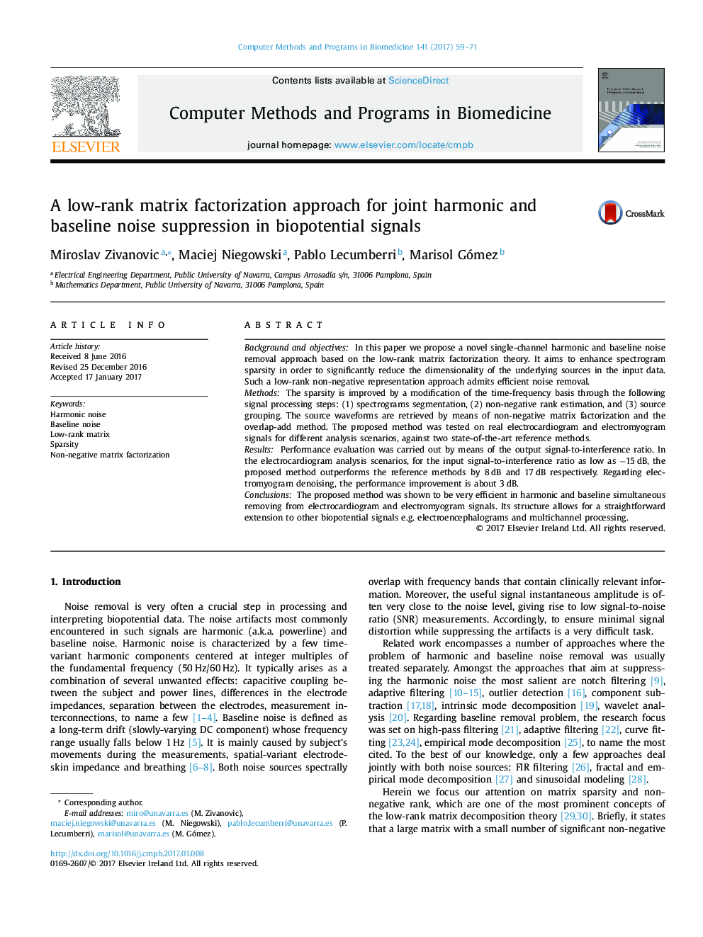 A low-rank matrix factorization approach for joint harmonic and baseline noise suppression in biopotential signals