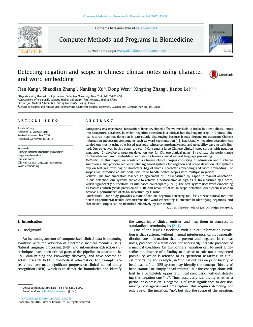 Detecting negation and scope in Chinese clinical notes using character and word embedding