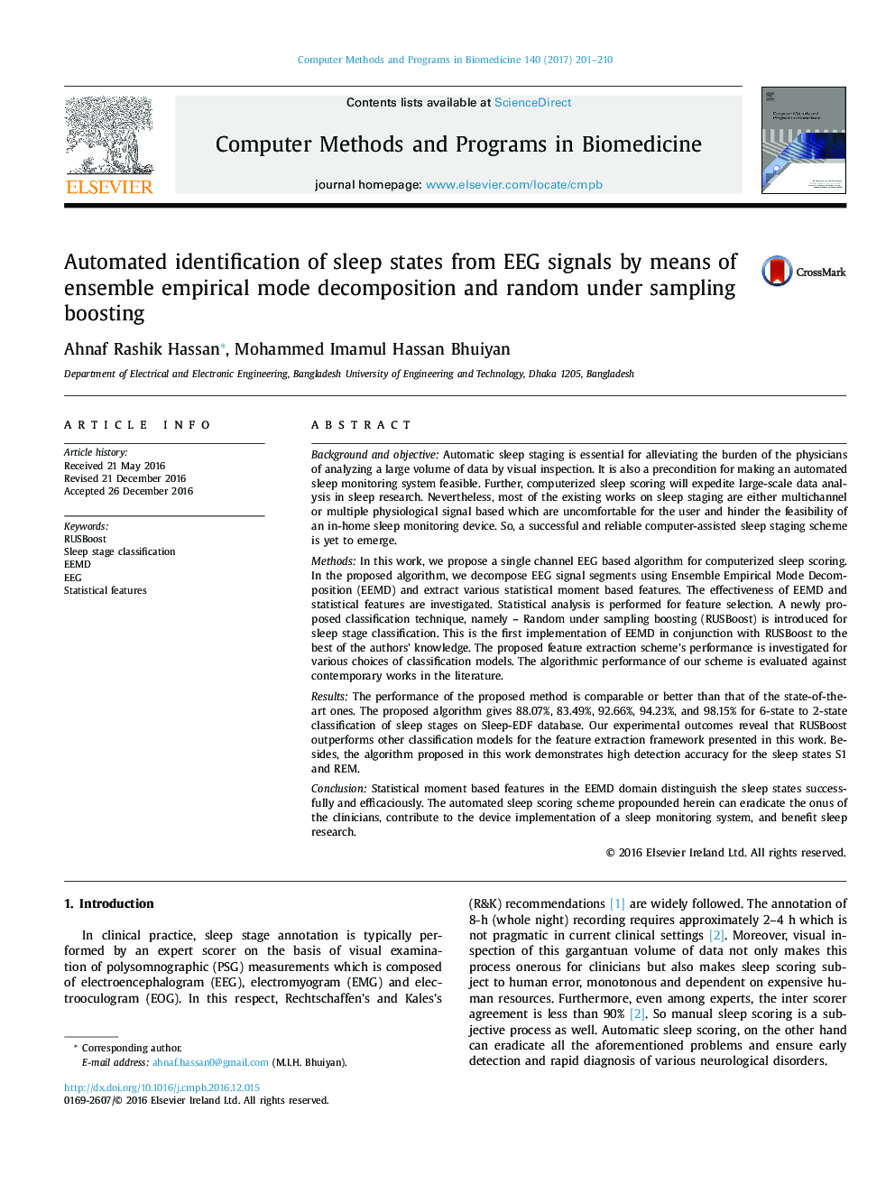 Automated identification of sleep states from EEG signals by means of ensemble empirical mode decomposition and random under sampling boosting