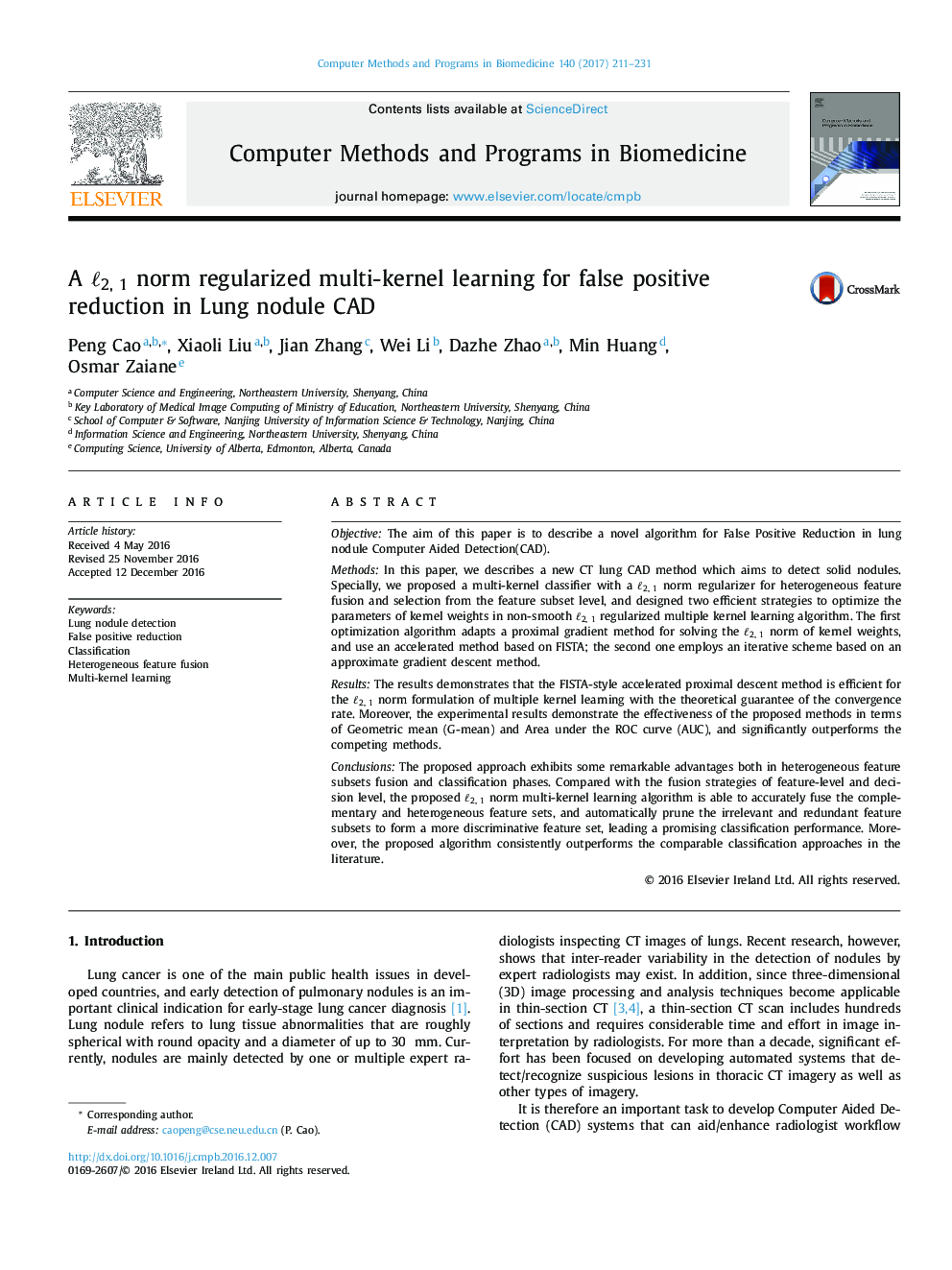 A â2, 1 norm regularized multi-kernel learning for false positive reduction in Lung nodule CAD