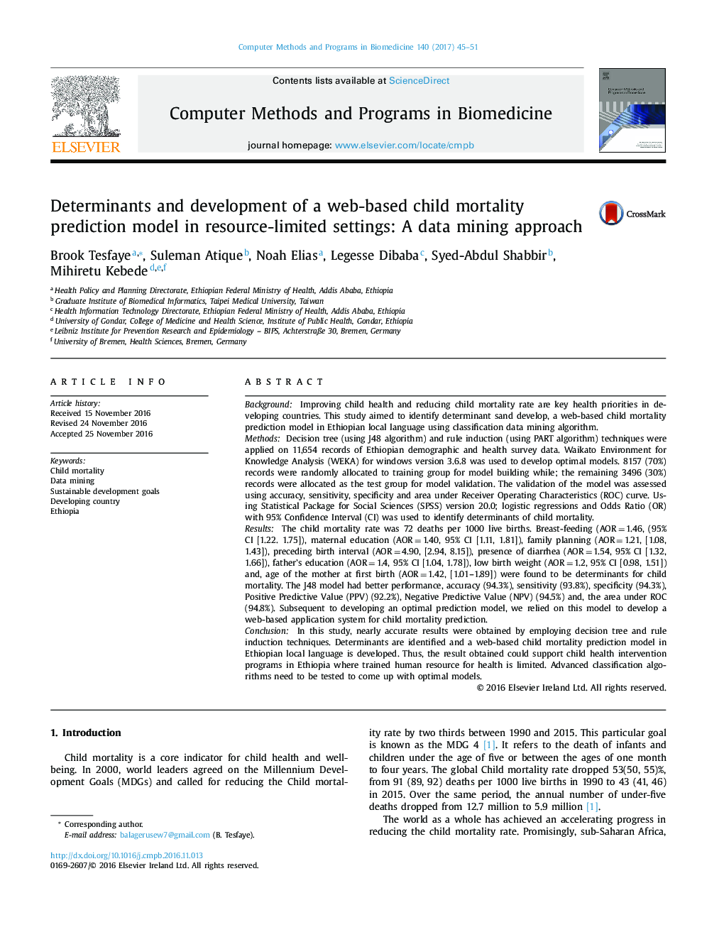 Determinants and development of a web-based child mortality prediction model in resource-limited settings: A data mining approach