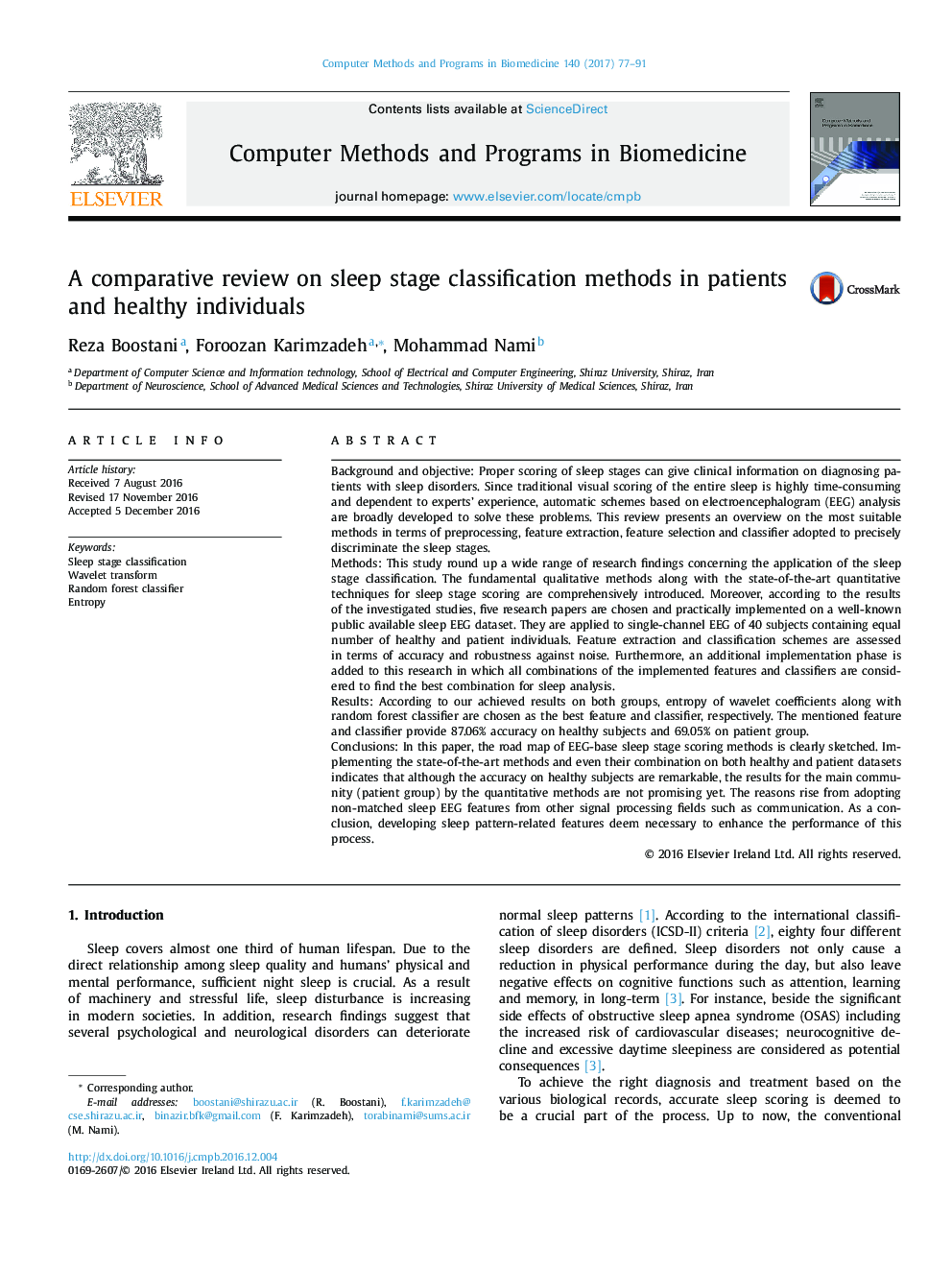 A comparative review on sleep stage classification methods in patients and healthy individuals