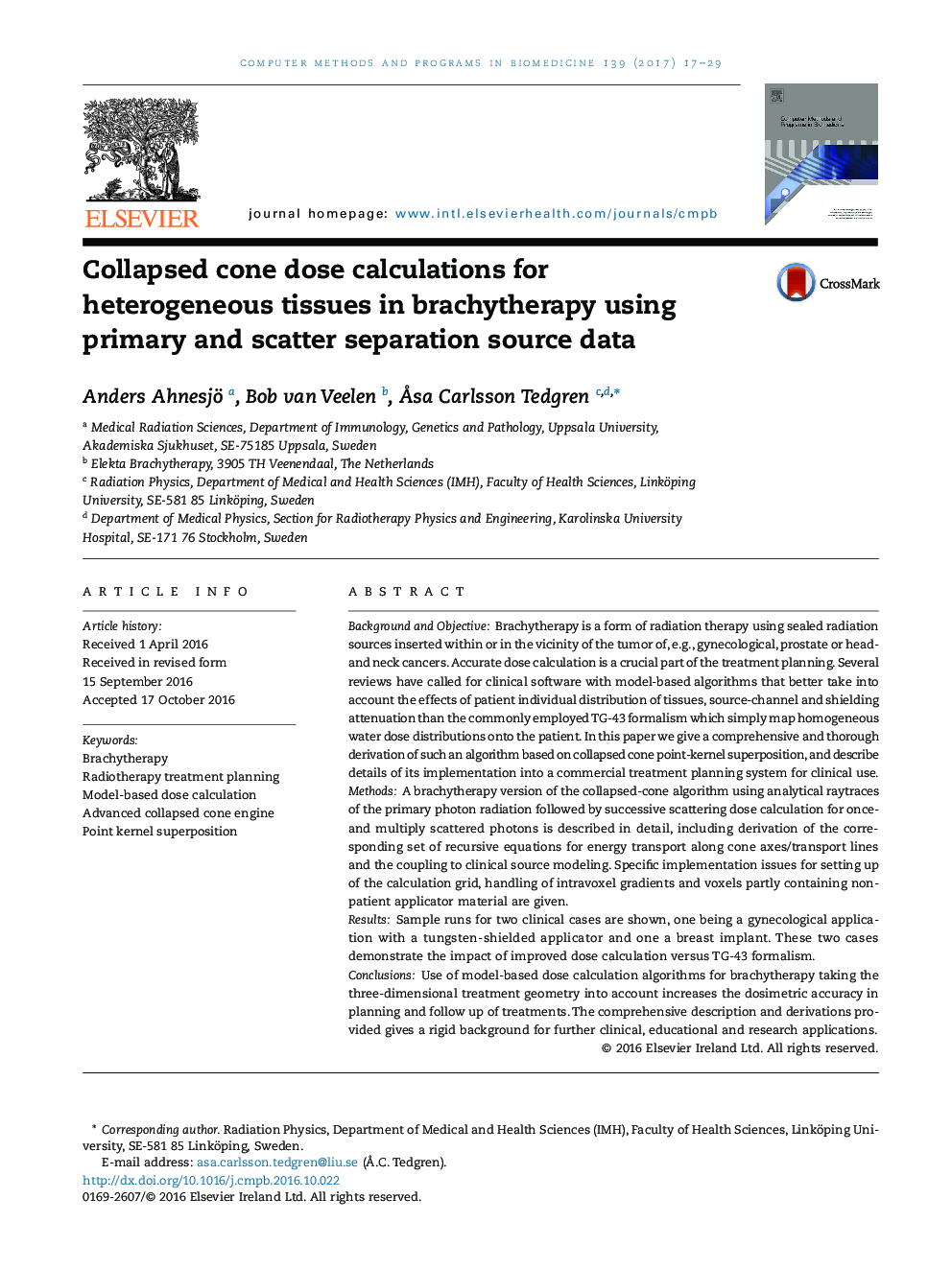 Collapsed cone dose calculations for heterogeneous tissues in brachytherapy using primary and scatter separation source data