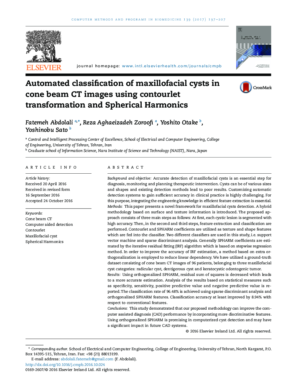 Automated classification of maxillofacial cysts in cone beam CT images using contourlet transformation and Spherical Harmonics