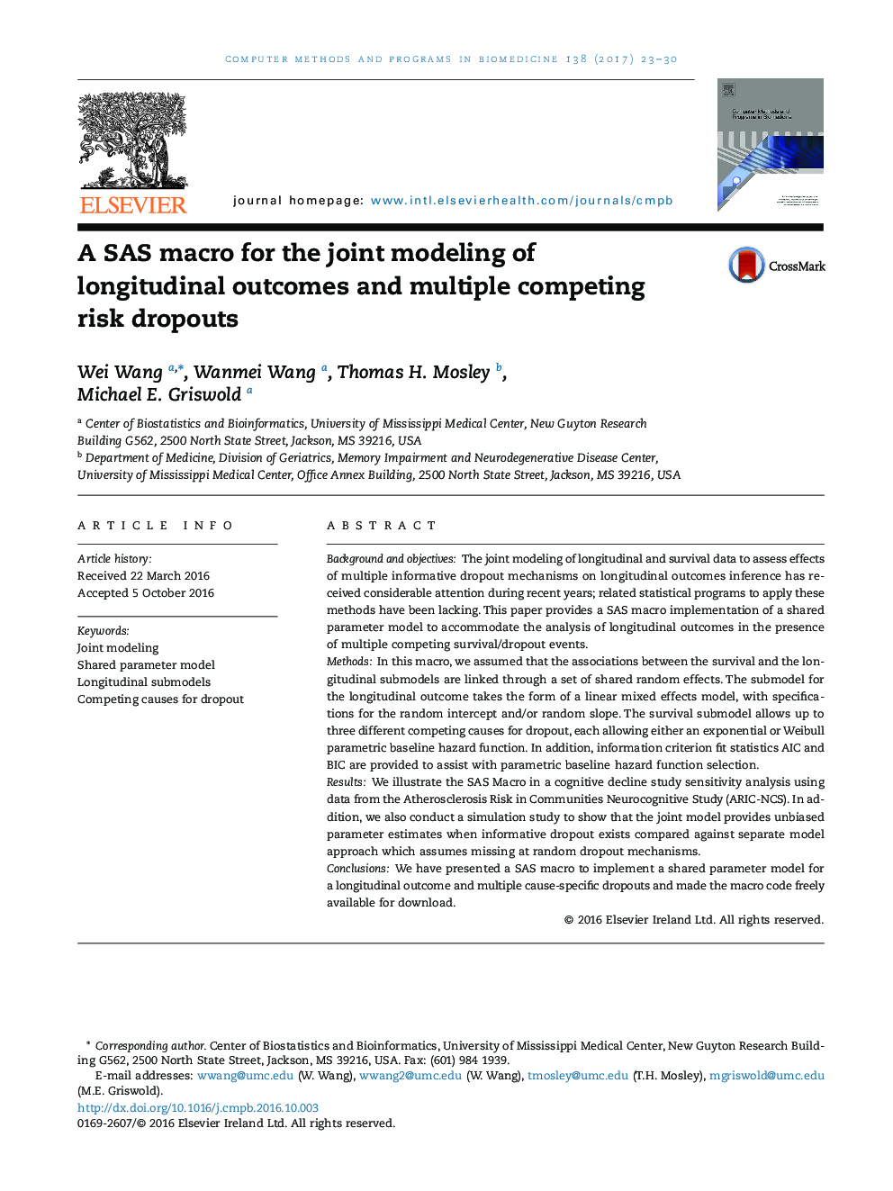 A SAS macro for the joint modeling of longitudinal outcomes and multiple competing risk dropouts