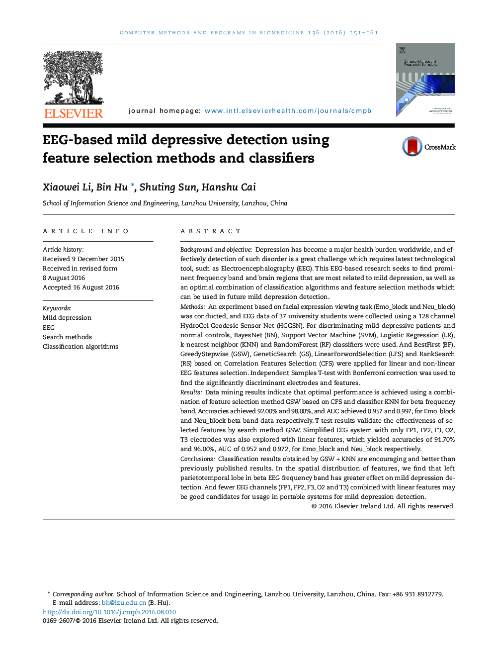 EEG-based mild depressive detection using feature selection methods and classifiers