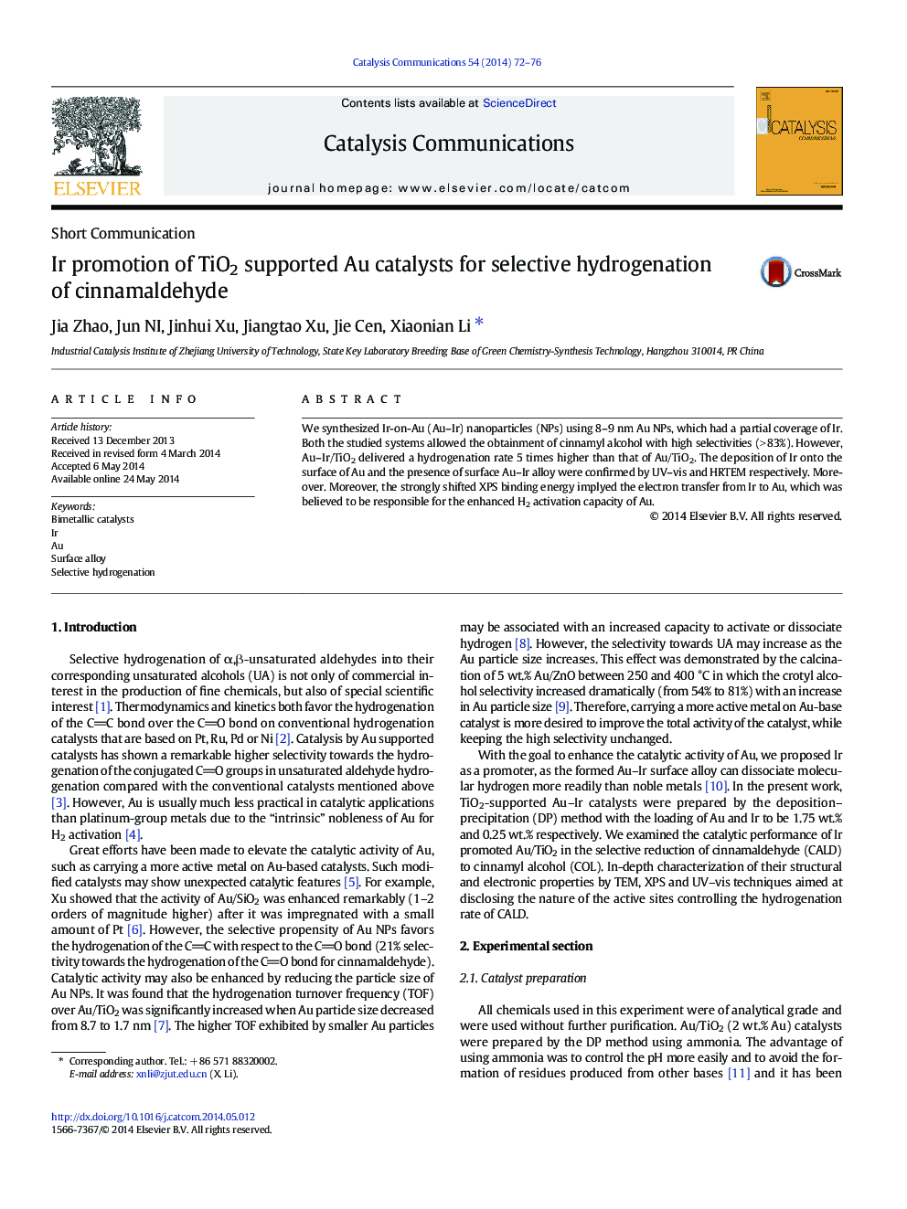 Ir promotion of TiO2 supported Au catalysts for selective hydrogenation of cinnamaldehyde