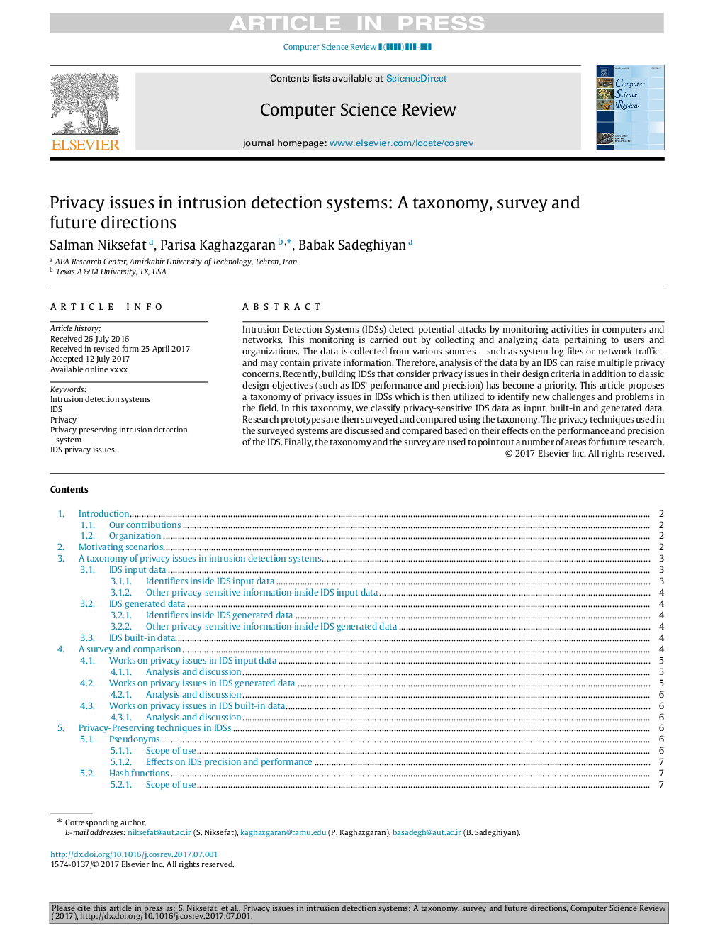 Privacy issues in intrusion detection systems: A taxonomy, survey and future directions