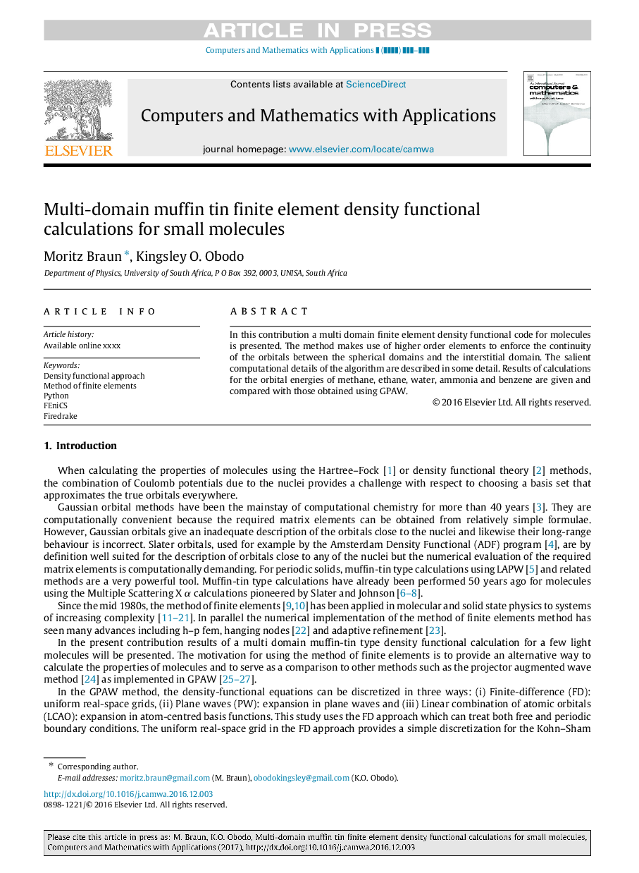 Multi-domain muffin tin finite element density functional calculations for small molecules