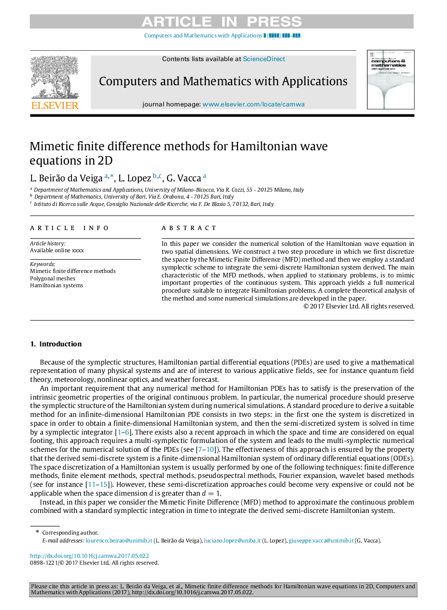 Mimetic finite difference methods for Hamiltonian wave equations in 2D