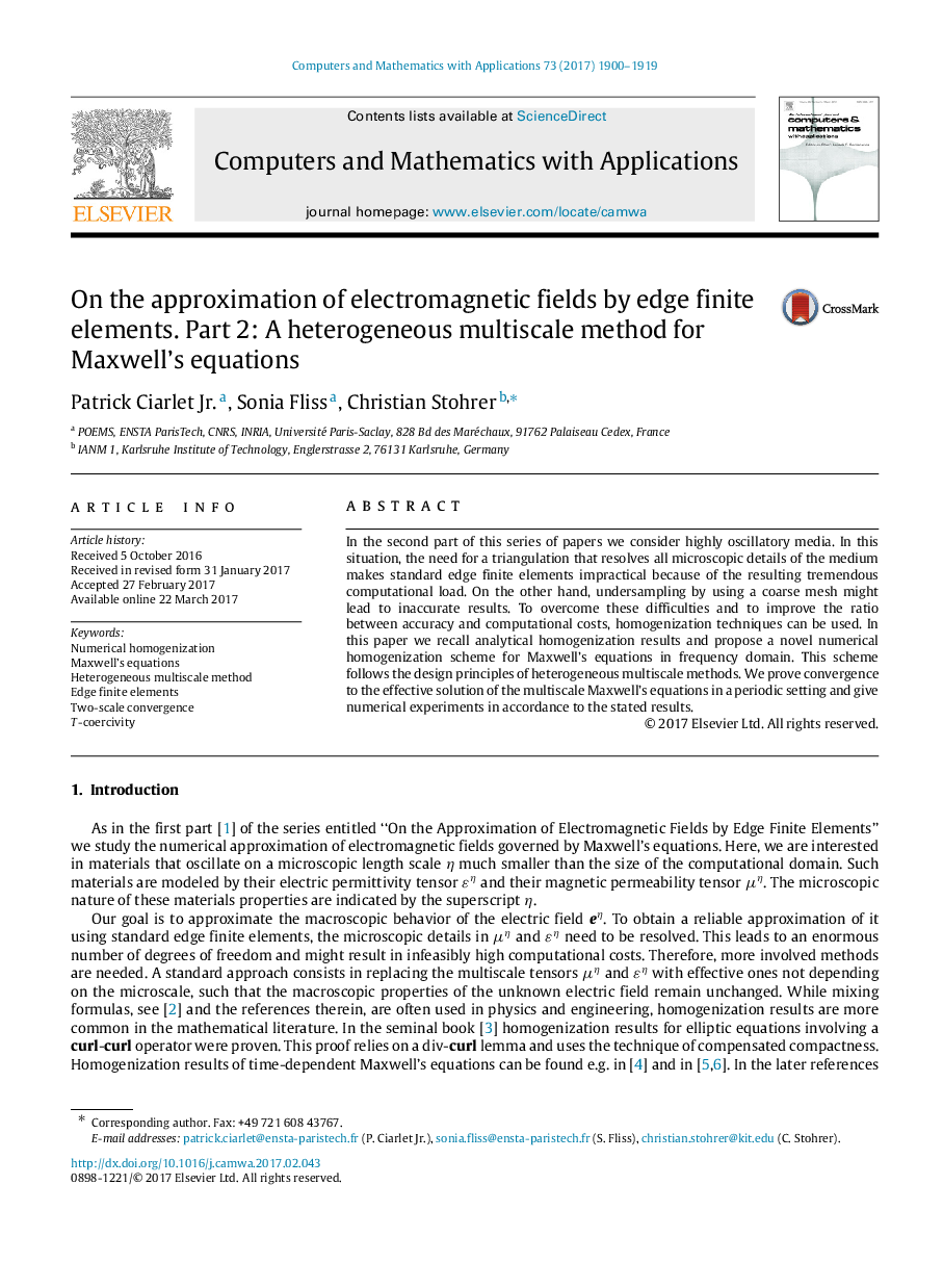 On the approximation of electromagnetic fields by edge finite elements. Part 2: A heterogeneous multiscale method for Maxwell's equations