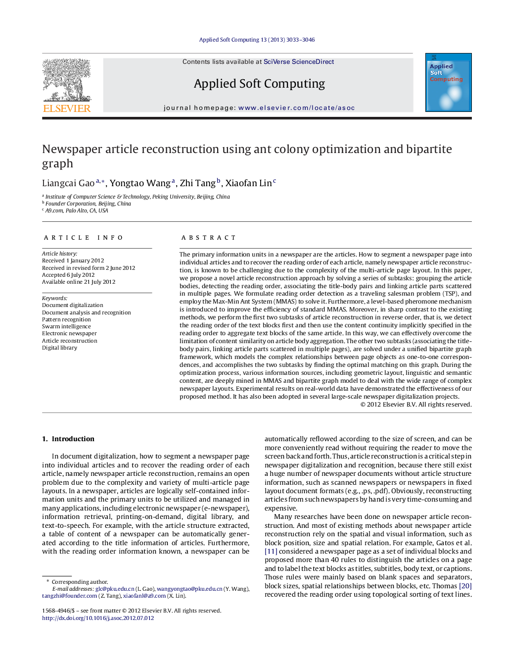 Newspaper article reconstruction using ant colony optimization and bipartite graph