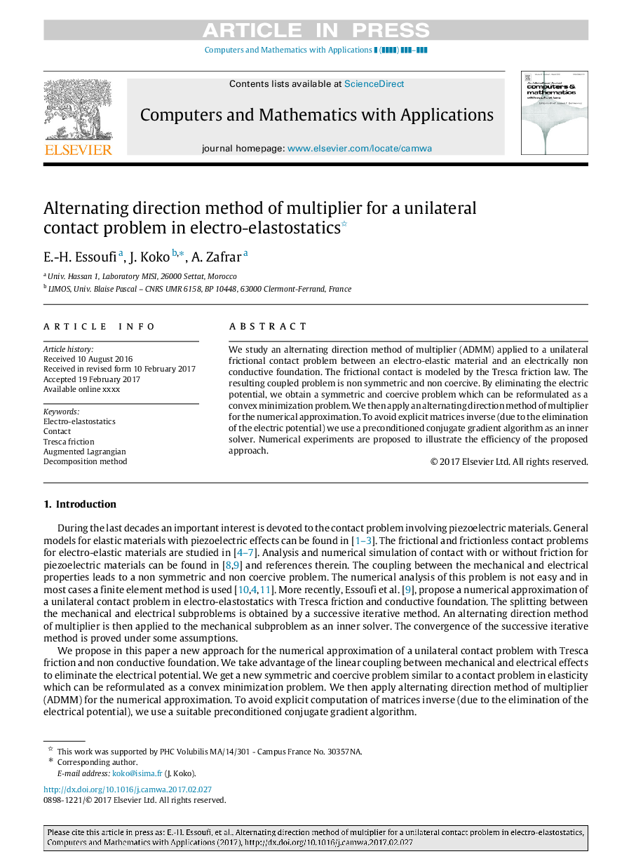 Alternating direction method of multiplier for a unilateral contact problem in electro-elastostatics