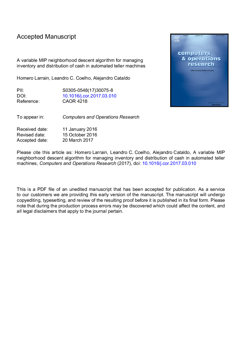 A Variable MIP Neighborhood Descent algorithm for managing inventory and distribution of cash in automated teller machines