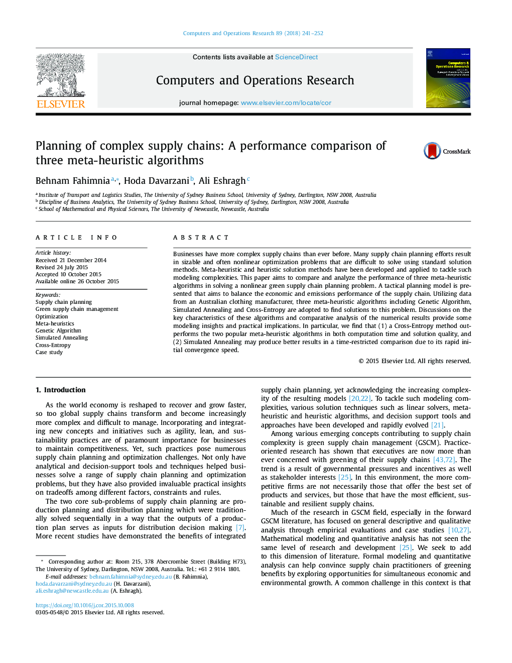 Planning of complex supply chains: A performance comparison of three meta-heuristic algorithms