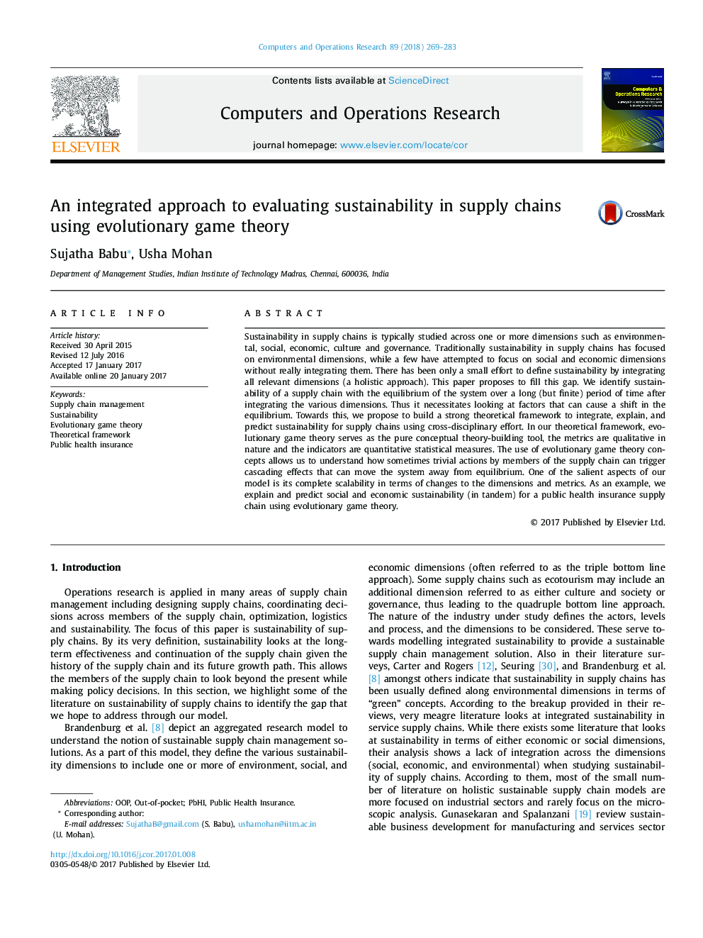 An integrated approach to evaluating sustainability in supply chains using evolutionary game theory
