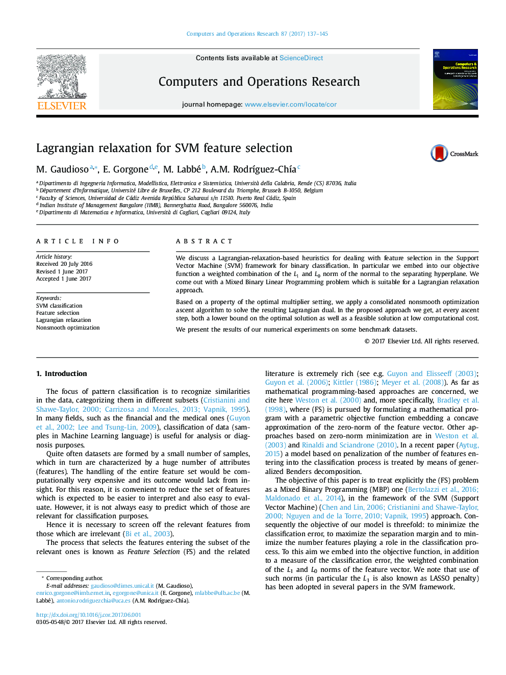 Lagrangian relaxation for SVM feature selection