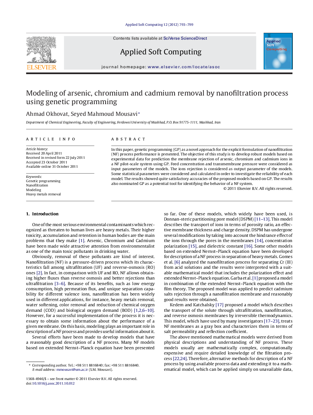 Modeling of arsenic, chromium and cadmium removal by nanofiltration process using genetic programming