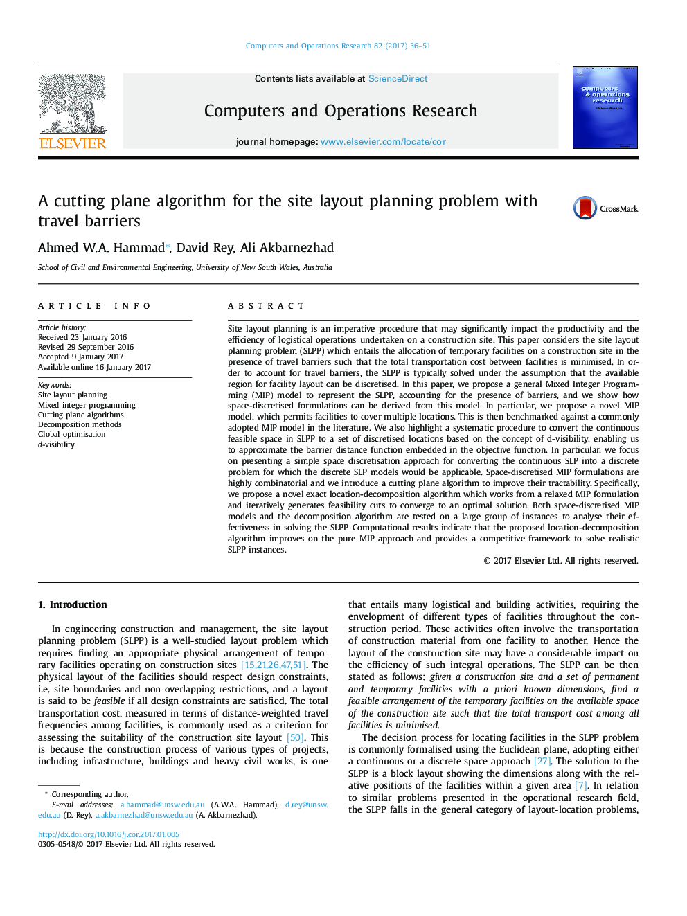 A cutting plane algorithm for the site layout planning problem with travel barriers