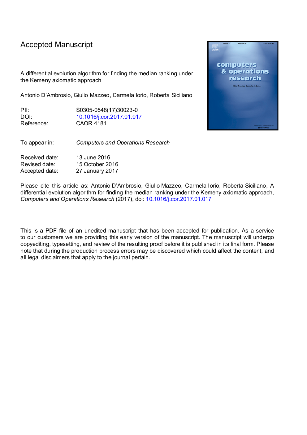 A differential evolution algorithm for finding the median ranking under the Kemeny axiomatic approach