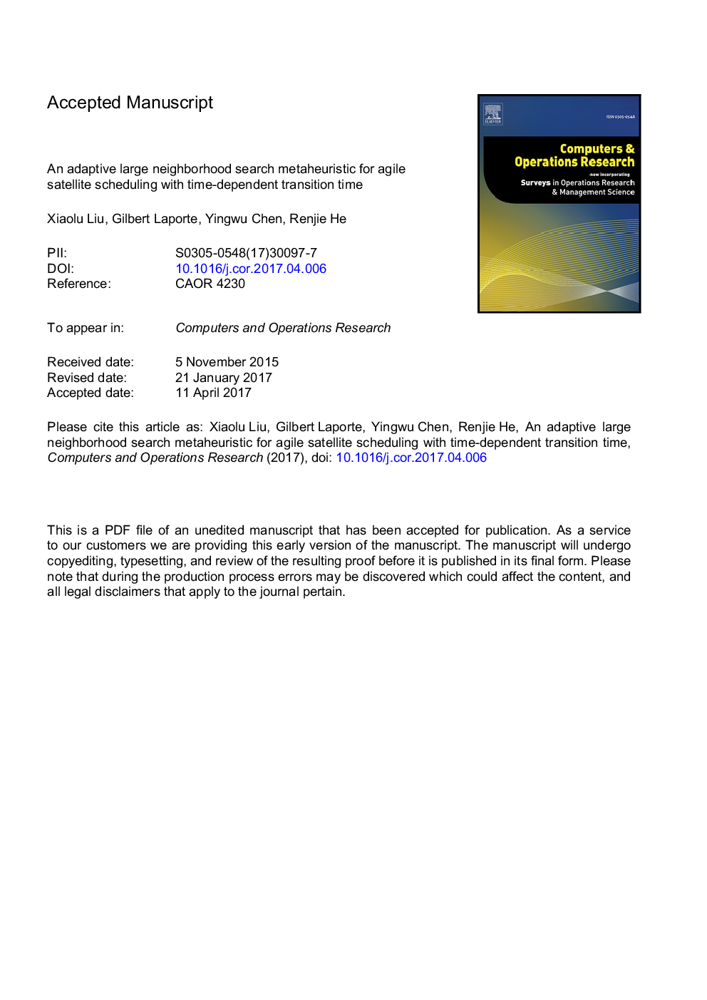 An adaptive large neighborhood search metaheuristic for agile satellite scheduling with time-dependent transition time