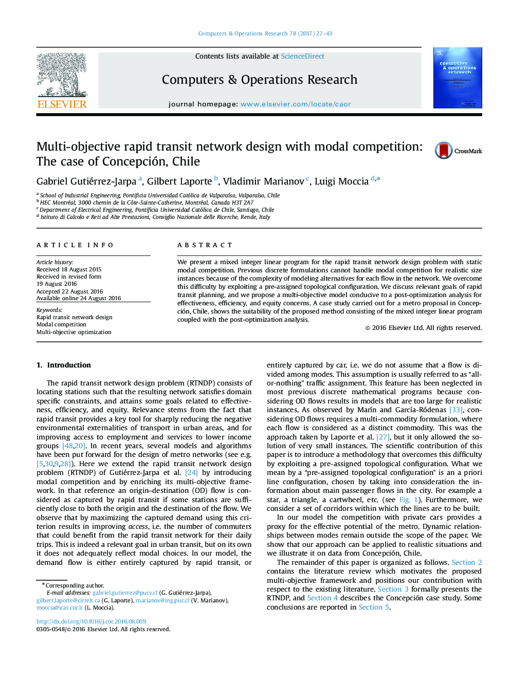 Multi-objective rapid transit network design with modal competition: The case of Concepción, Chile