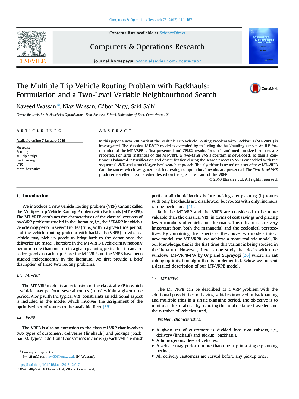 The Multiple Trip Vehicle Routing Problem with Backhauls: Formulation and a Two-Level Variable Neighbourhood Search