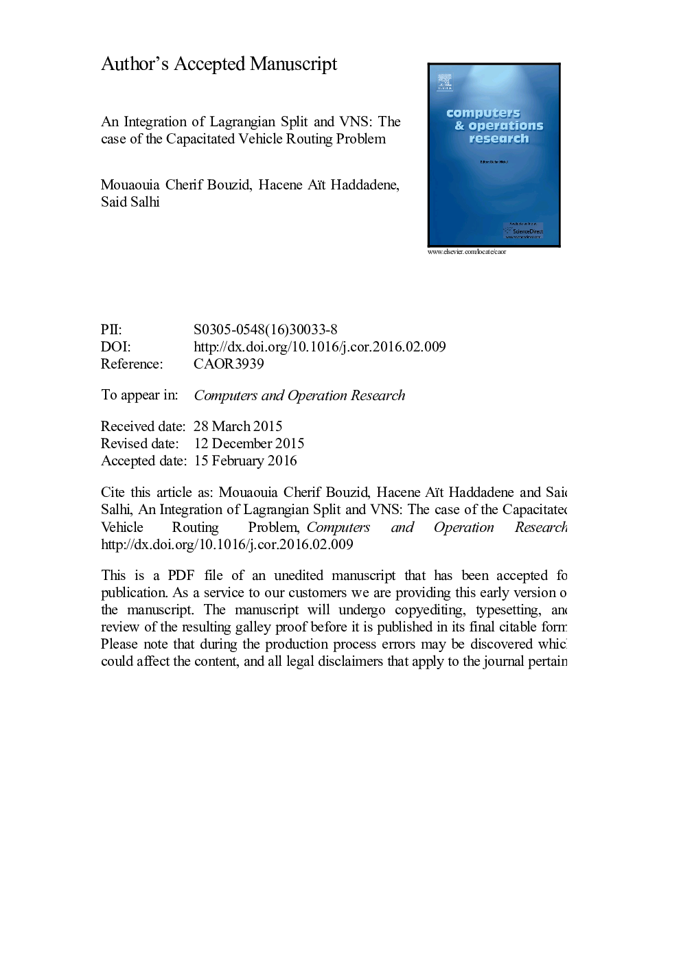 An integration of Lagrangian split and VNS: The case of the capacitated vehicle routing problem