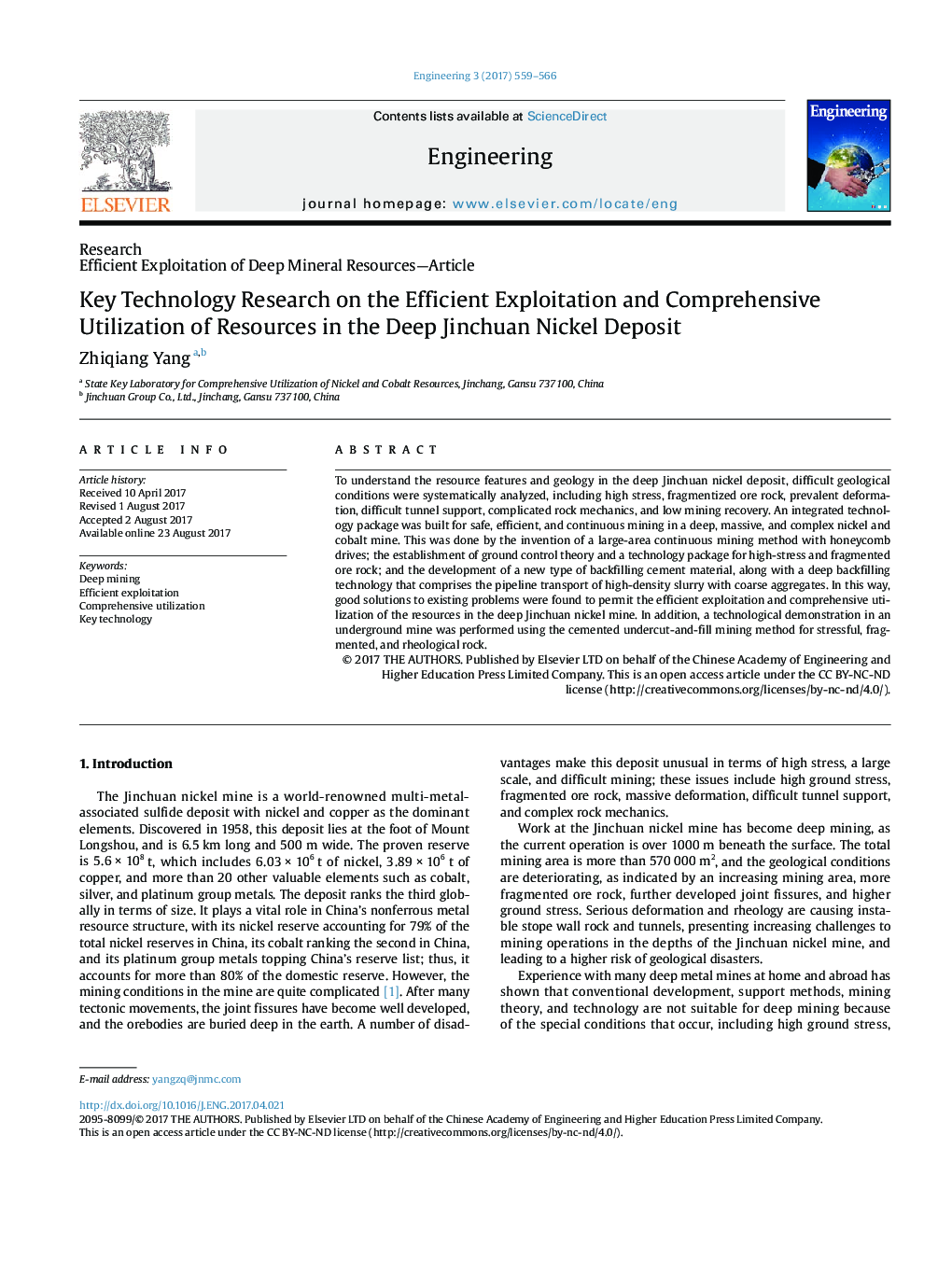 ResearchEfficient Exploitation of Deep Mineral Resources-ArticleKey Technology Research on the Efficient Exploitation and Comprehensive Utilization of Resources in the Deep Jinchuan Nickel Deposit