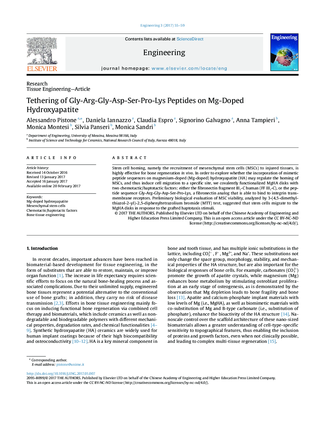 Tethering of Gly-Arg-Gly-Asp-Ser-Pro-Lys Peptides on Mg-Doped Hydroxyapatite