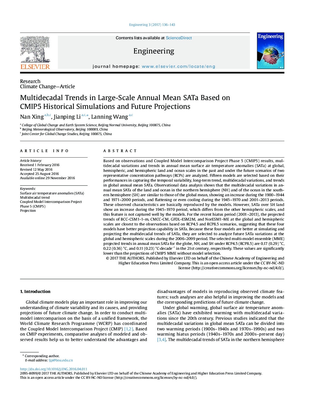 Multidecadal Trends in Large-Scale Annual Mean SATa Based on CMIP5 Historical Simulations and Future Projections