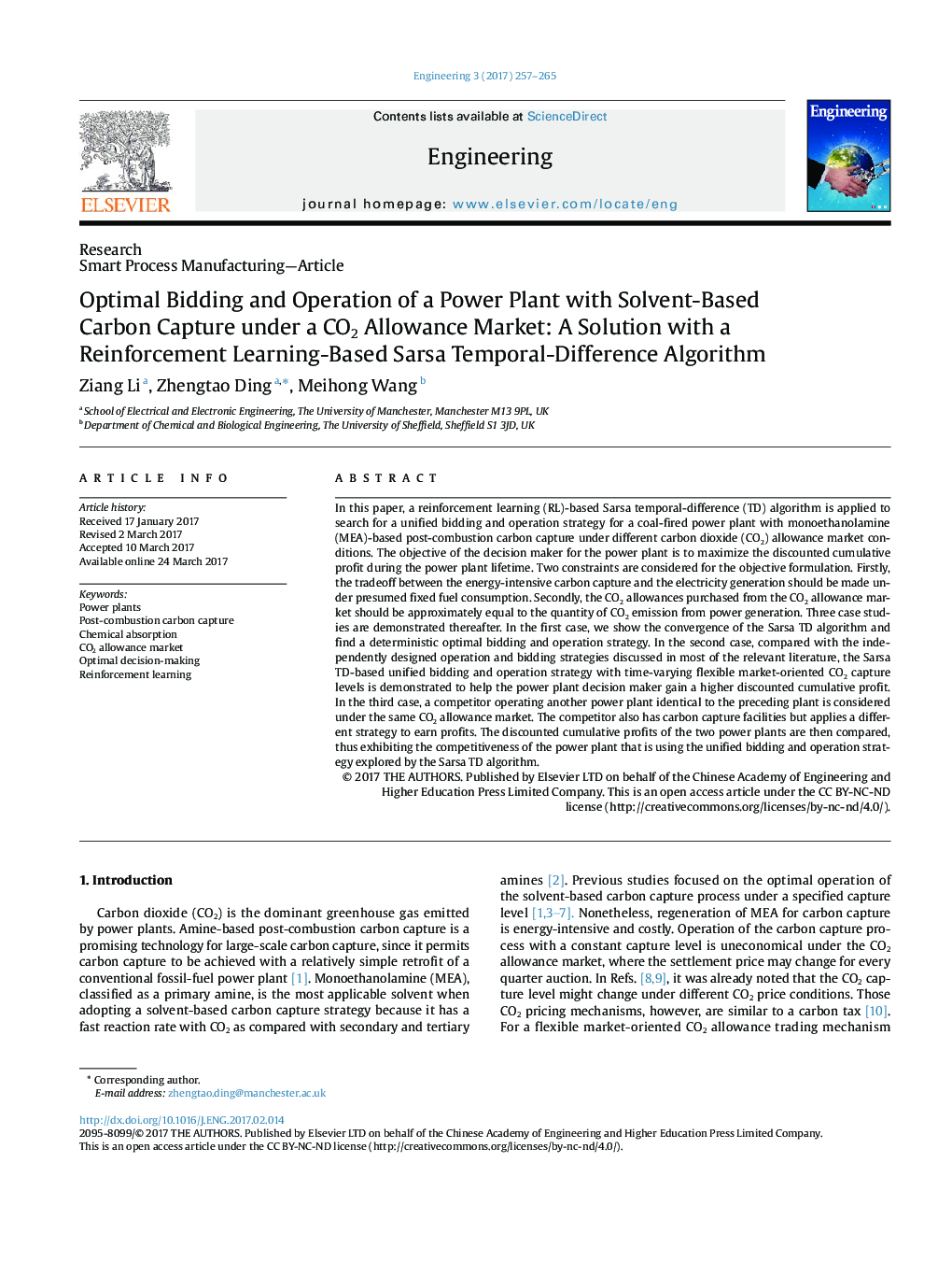 Optimal Bidding and Operation of a Power Plant with Solvent-Based Carbon Capture under a CO2 Allowance Market: A Solution with a Reinforcement Learning-Based Sarsa Temporal-Difference Algorithm