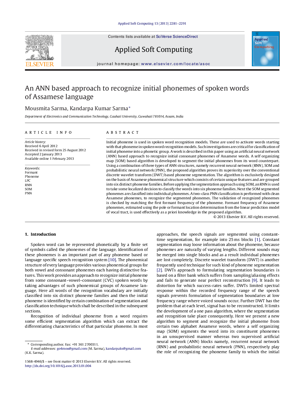 An ANN based approach to recognize initial phonemes of spoken words of Assamese language