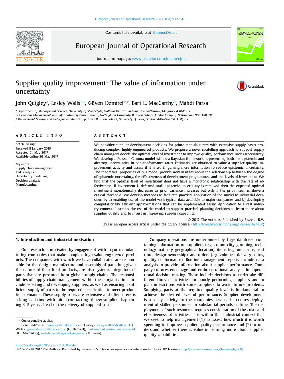 Supplier quality improvement: The value of information under uncertainty