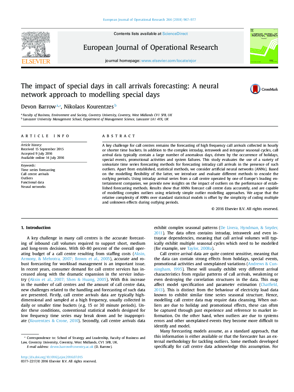 The impact of special days in call arrivals forecasting: A neural network approach to modelling special days