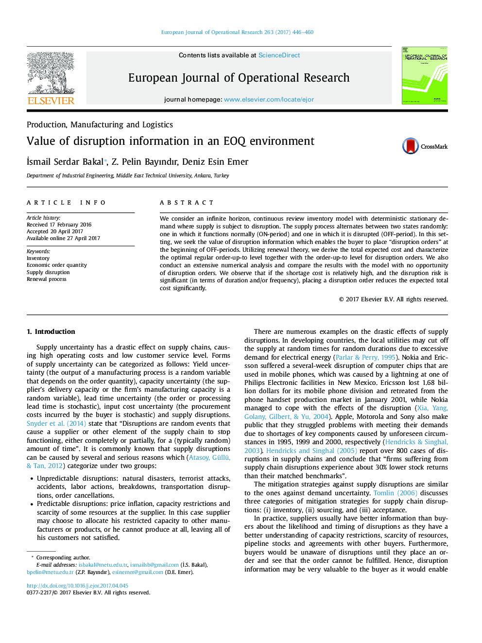 
Production, Manufacturing and Logistics
Value of disruption information in an EOQ environment