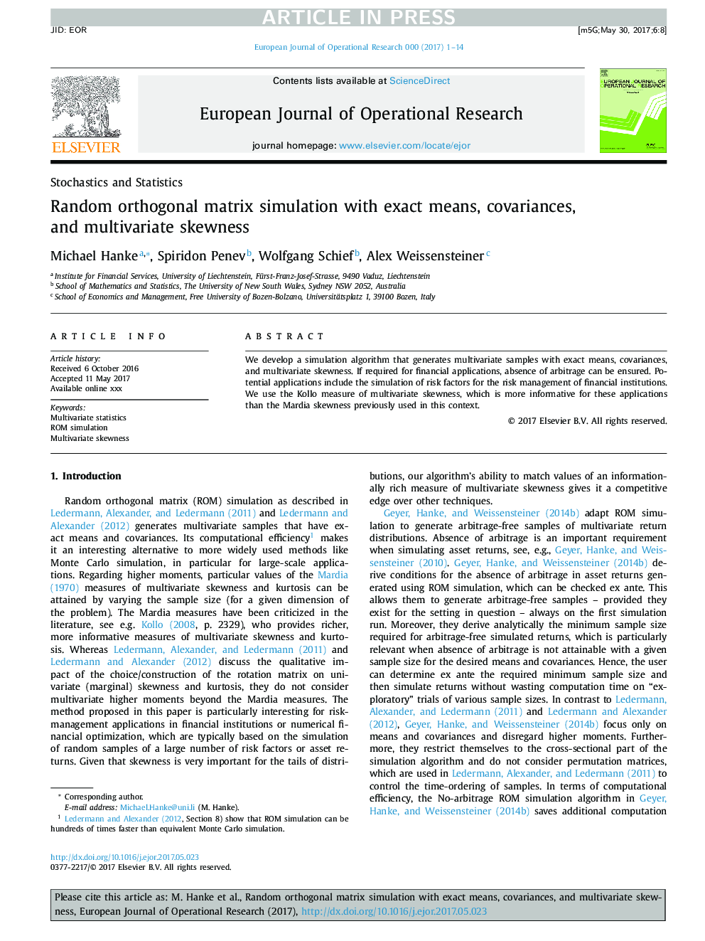 Random orthogonal matrix simulation with exact means, covariances, and multivariate skewness