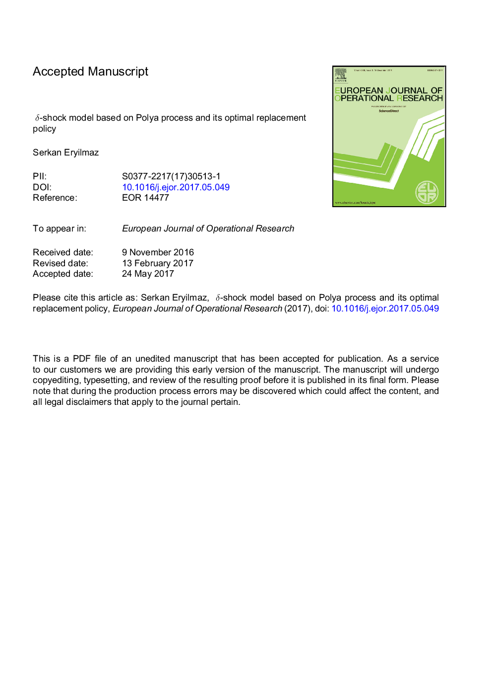 Î´-shock model based on Polya process and its optimal replacement policy