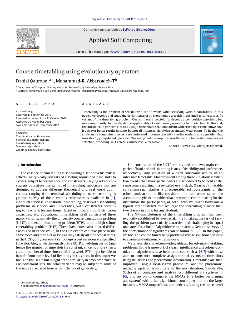 Course timetabling using evolutionary operators